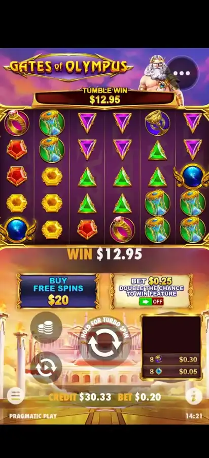 Basisspiel Tumble-Gewinn 12,95 € bei Gates of Olympus