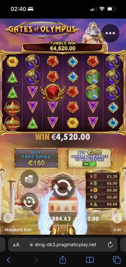 Riesengewinn 4.520 € Tumble bei Gates of Olympus mit 2 € Einsatz