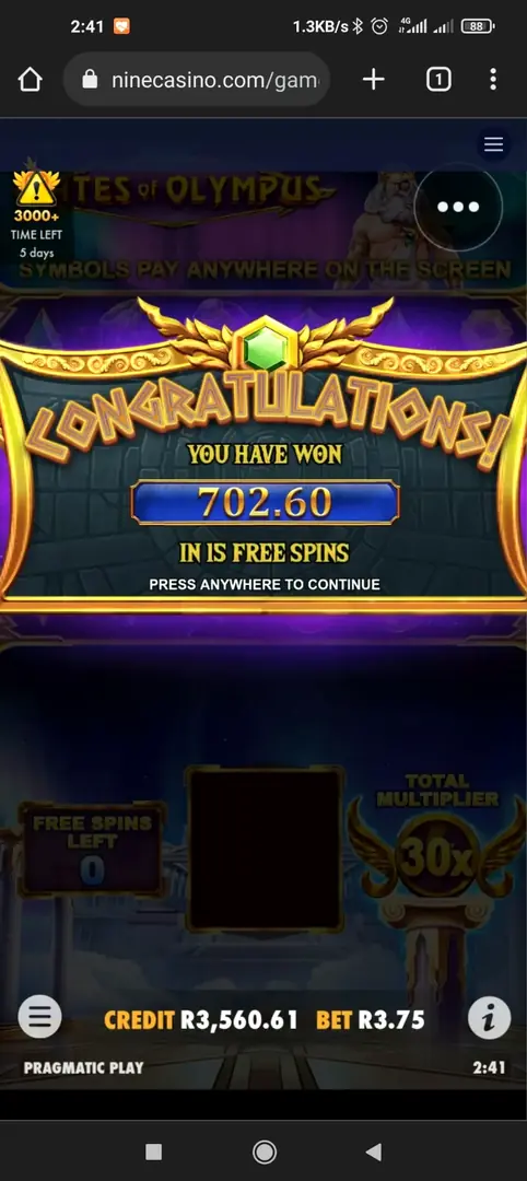 Glückwunsch-Bildschirm 702,60 Gewinn in 15 Free Spins mit 30x Multiplikator