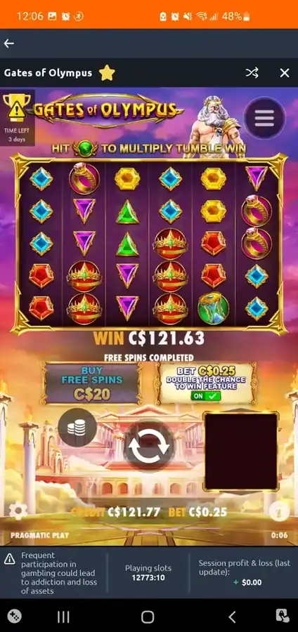 Free Spins Runde abgeschlossen mit C$ 121,63 Gesamtgewinn