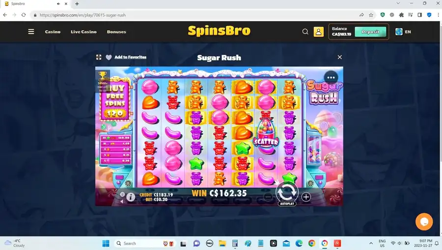 Ogromna wygrana C$ 162,35 klaster w Sugar Rush przy stawce C$ 0,20