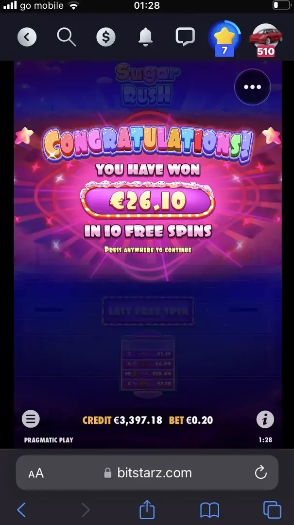Ekran gratulacji 26,10 € w 10 darmowych spinach przy stawce 0,20 €