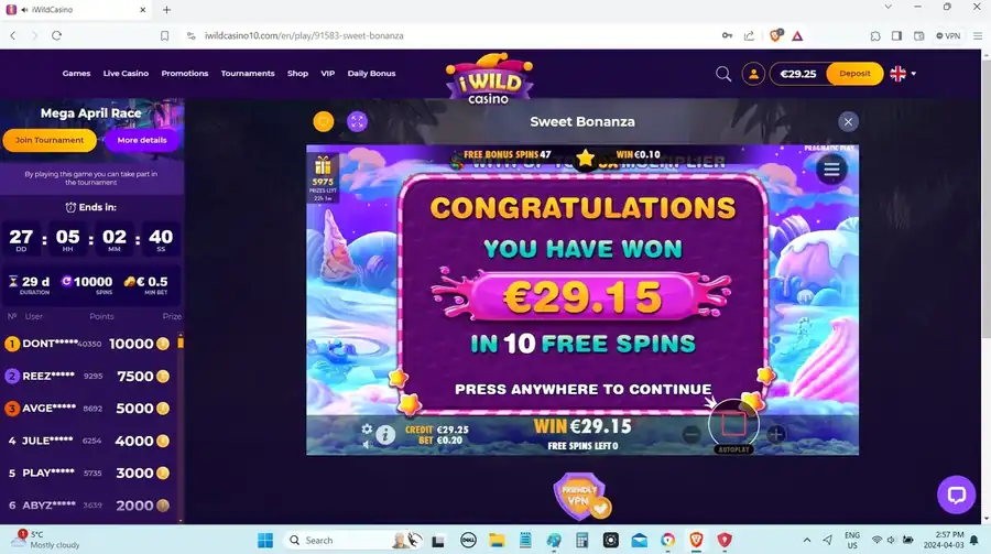 Duża wygrana 29,15 € w 10 darmowych spinach Sweet Bonanza