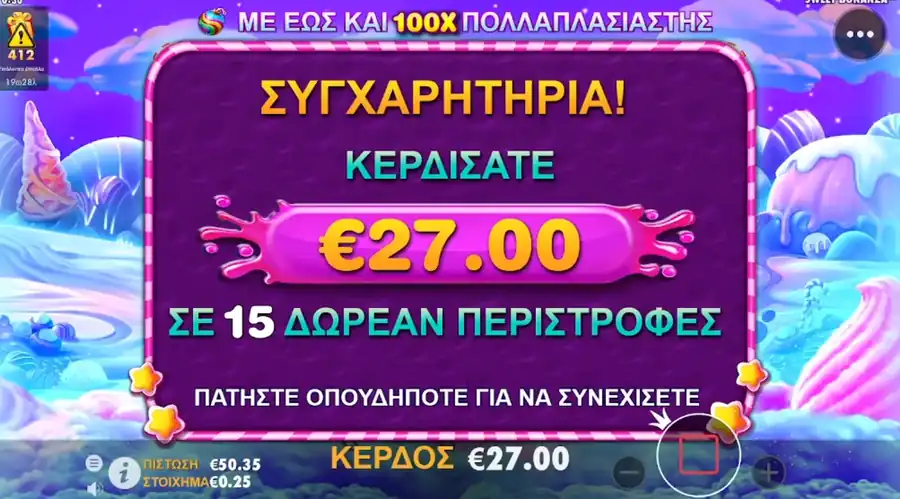 Ekran gratulacji 27,00 € wygranej w 15 darmowych spinach Sweet Bonanza